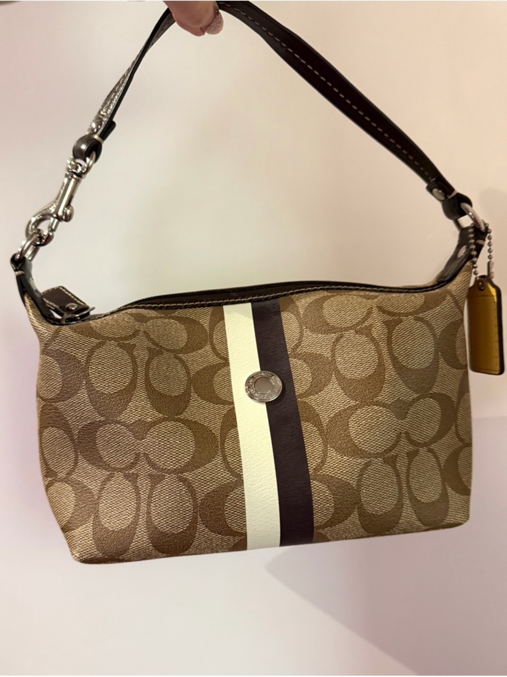 Coach Brown Signature Stripe Shoulder Bag with Cream Accent
